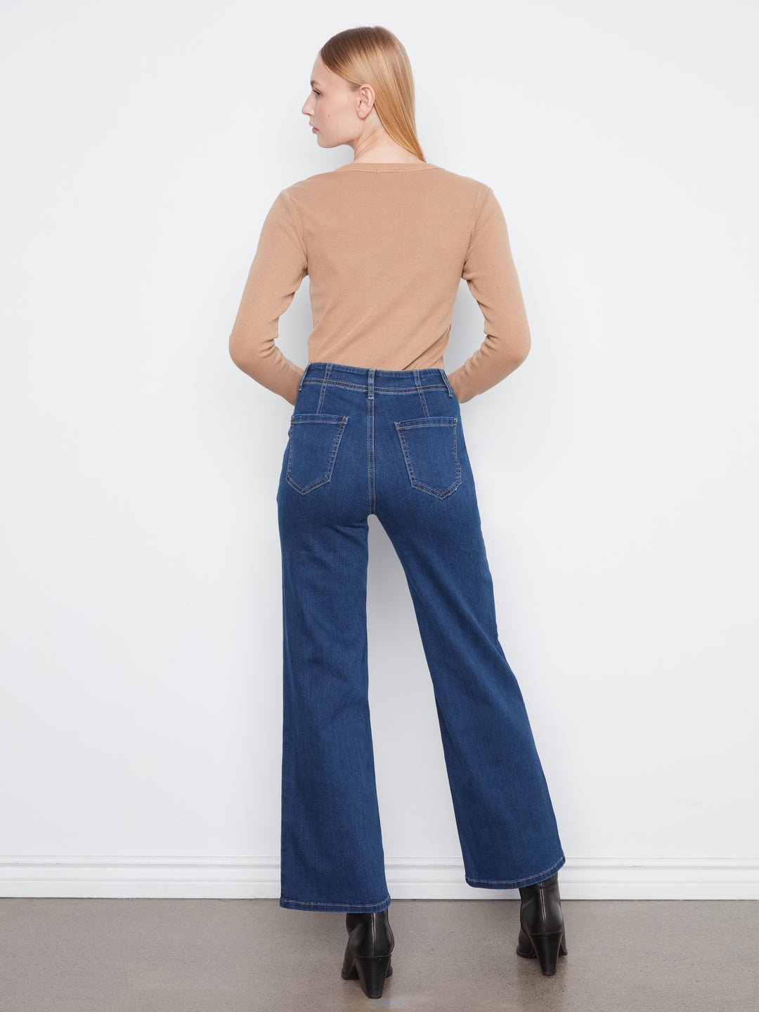 Wide Leg Stretch Denim Pants With Patch Pockets