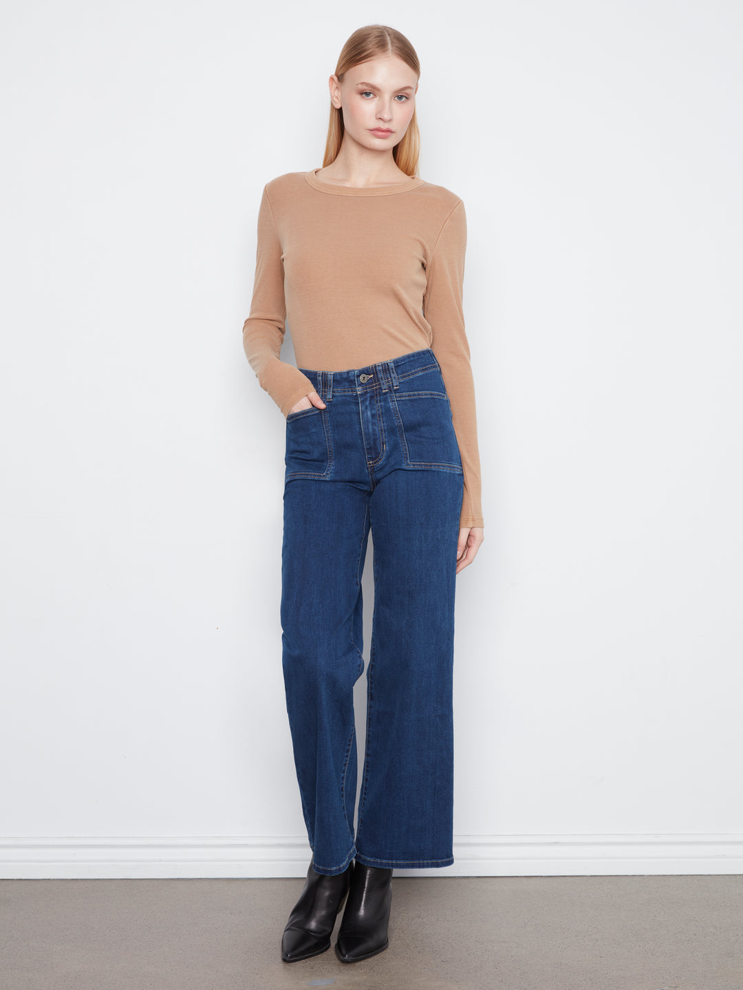 Wide Leg Stretch Denim Pants With Patch Pockets