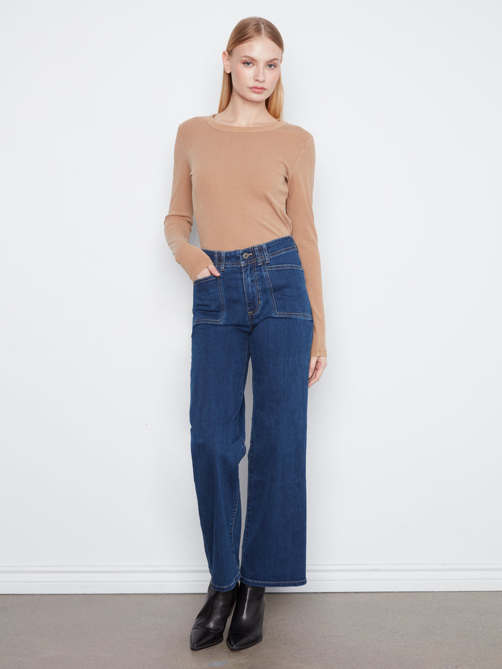 Wide Leg Stretch Denim Pants With Patch Pockets