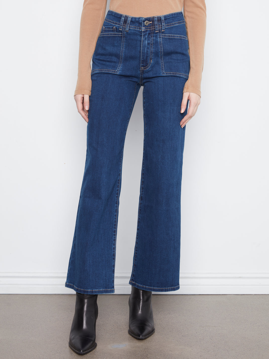 Wide Leg Stretch Denim Pants With Patch Pockets