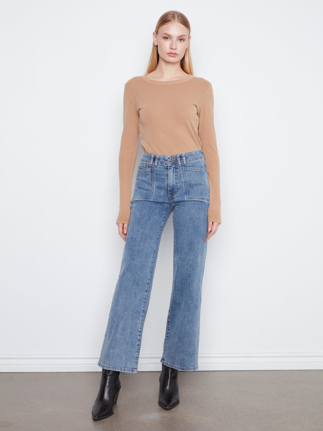 Wide Leg Stretch Denim Pants With Patch Pockets