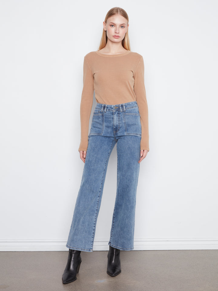 Wide Leg Stretch Denim Pants With Patch Pockets