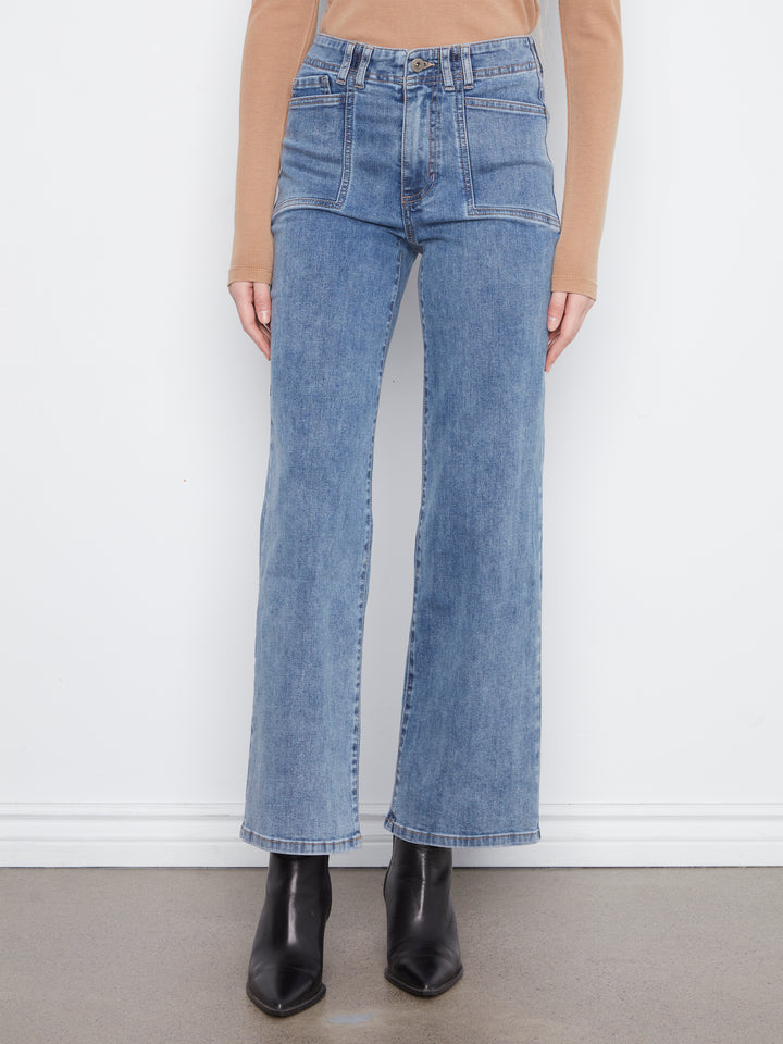 Wide Leg Stretch Denim Pants With Patch Pockets