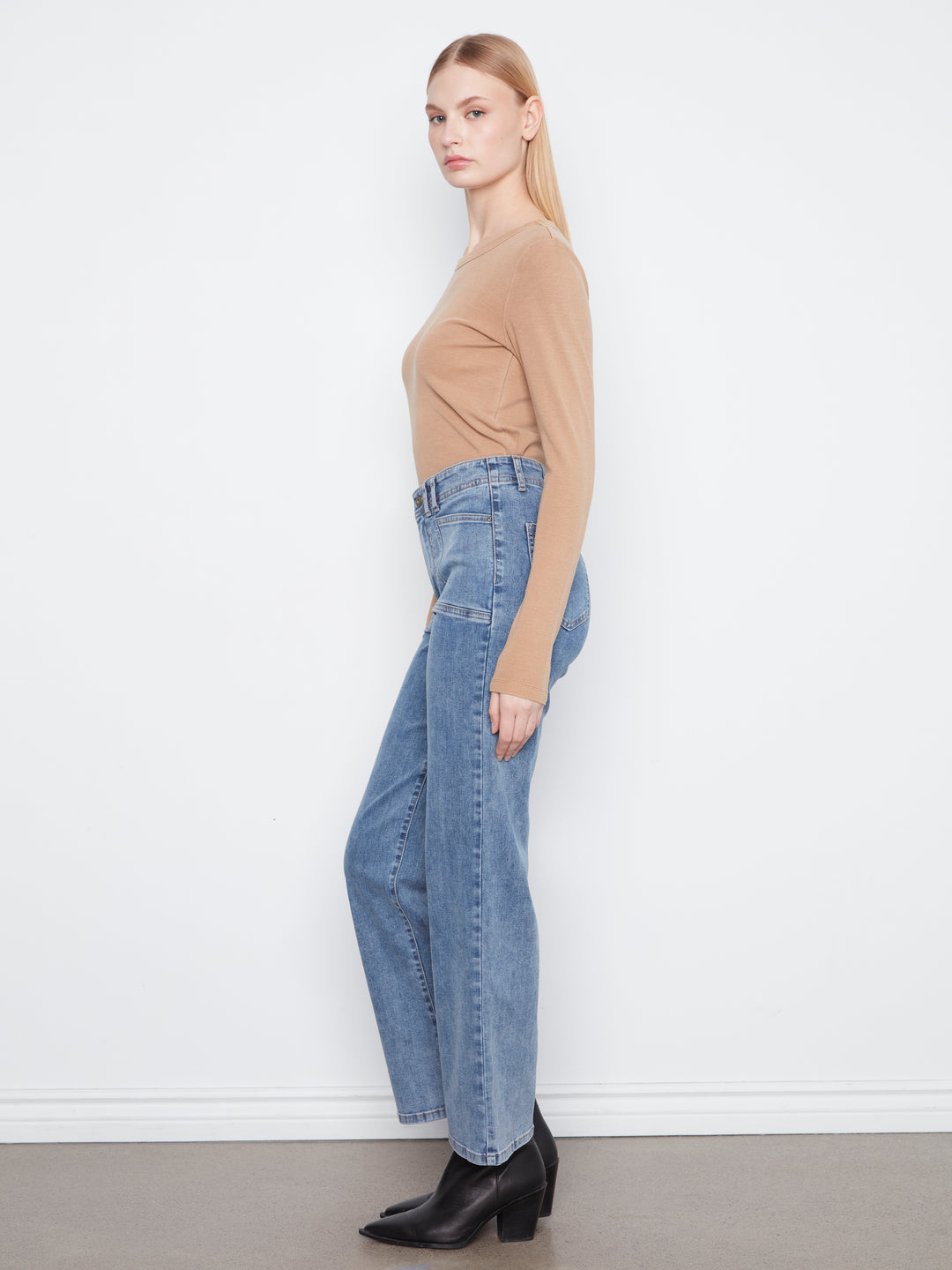 Wide Leg Stretch Denim Pants With Patch Pockets