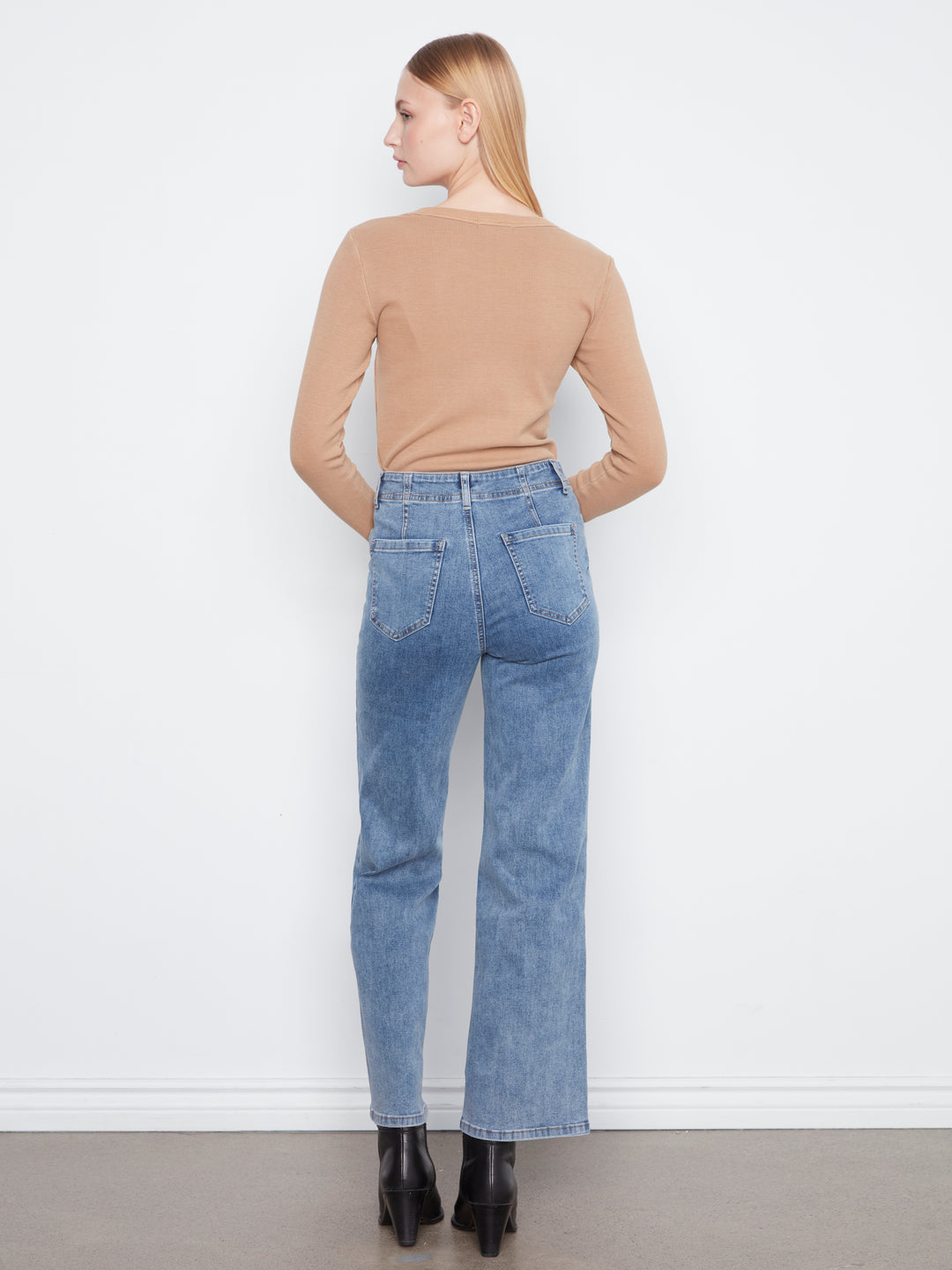 Wide Leg Stretch Denim Pants With Patch Pockets