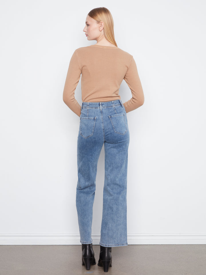Wide Leg Stretch Denim Pants With Patch Pockets