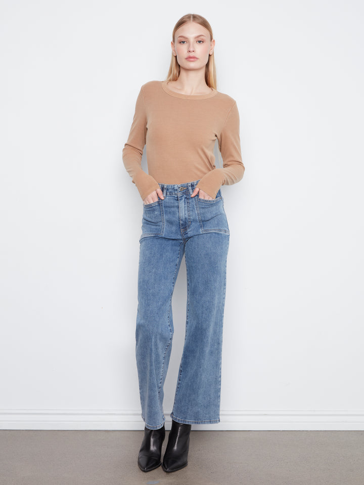 Wide Leg Stretch Denim Pants With Patch Pockets
