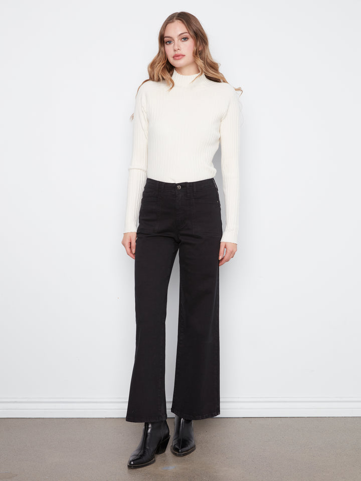 Wide Leg Colored Twill Pants With Patch Pockets