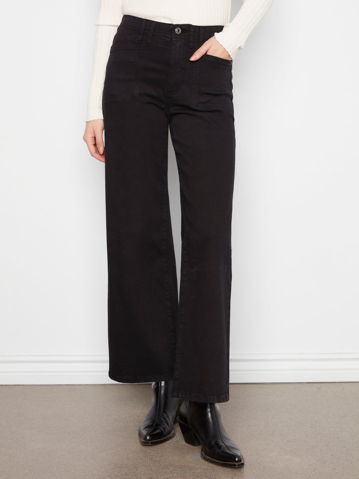 Wide Leg Colored Twill Pants With Patch Pockets