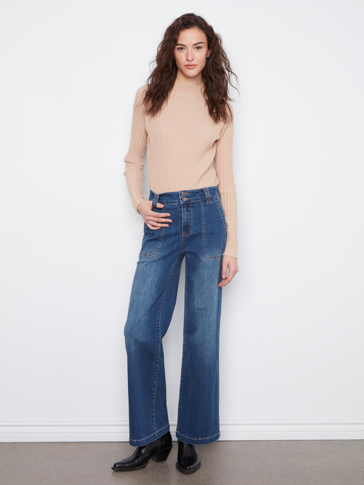 Wide Leg Jeans With Patch Pockets and Double Front Button