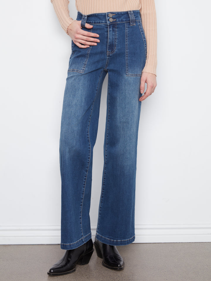 Wide Leg Jeans With Patch Pockets and Double Front Button