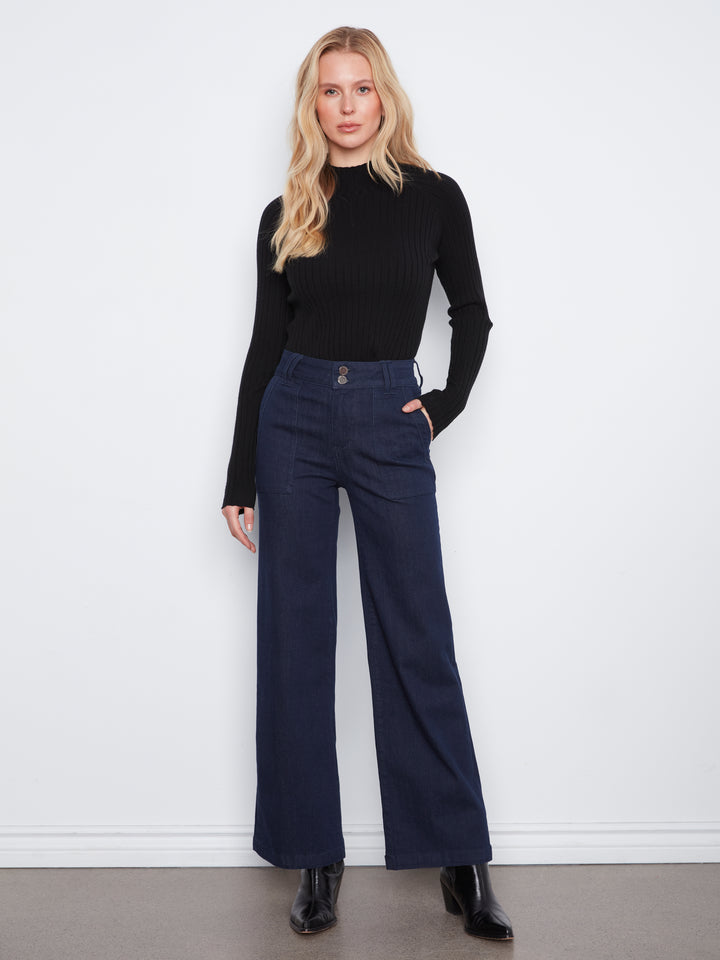 Wide Leg Jeans With Patch Pockets and Double Front Button