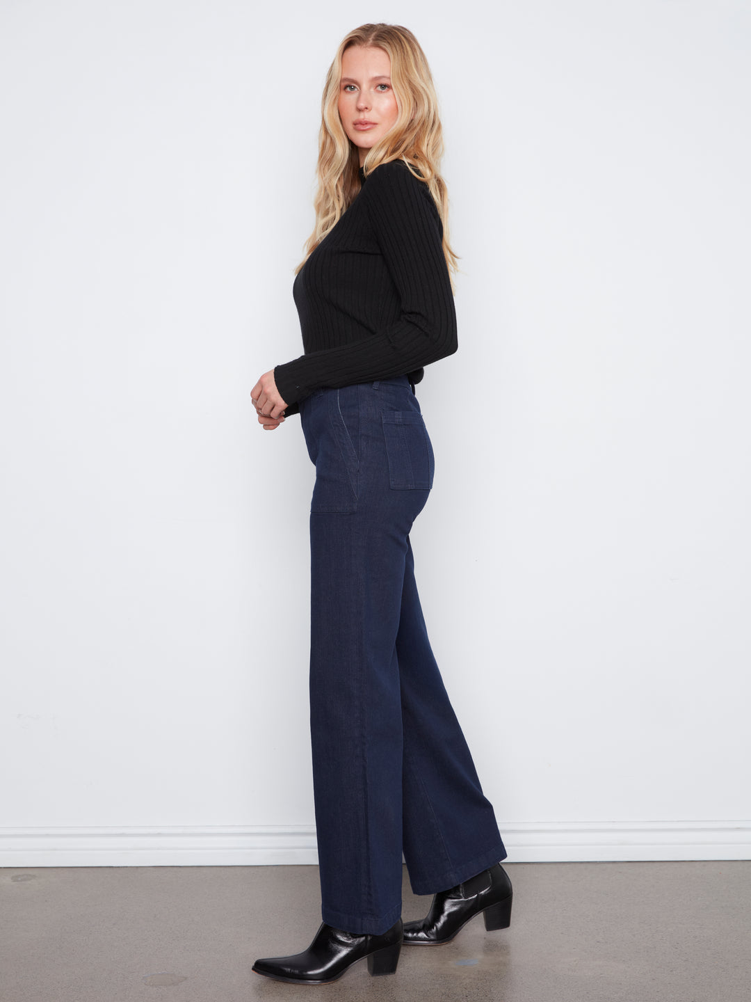 Wide Leg Jeans With Patch Pockets and Double Front Button