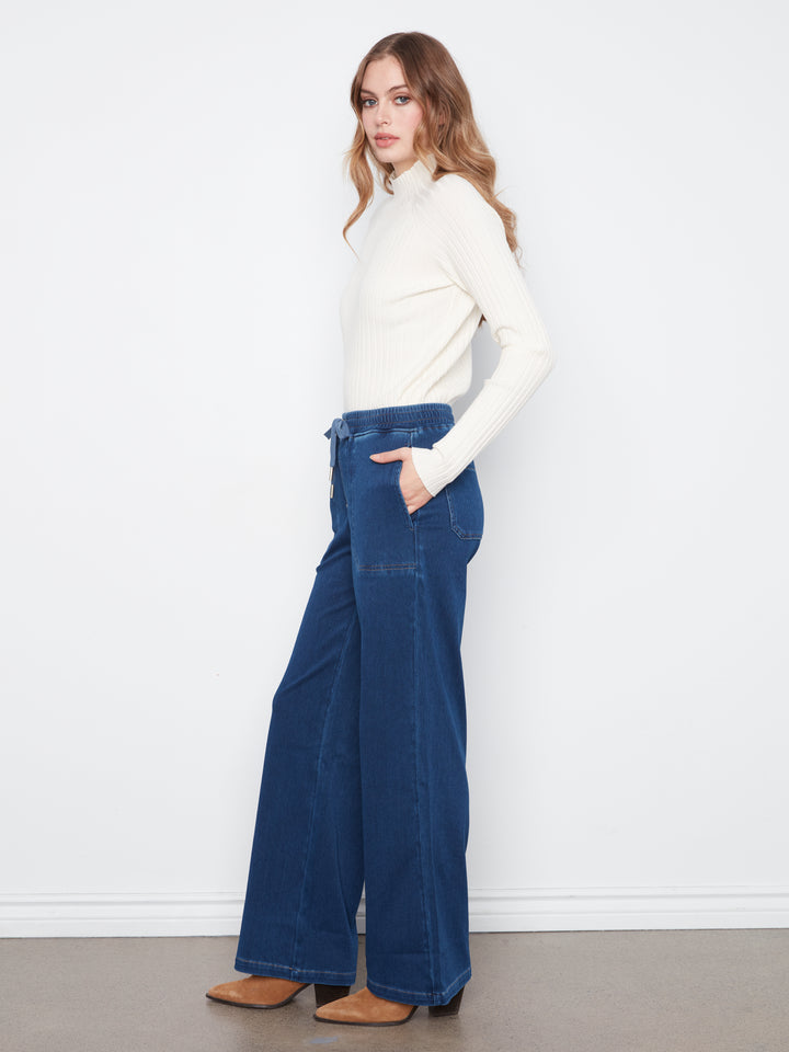 Knit Denim Wide Leg Jogger Pants