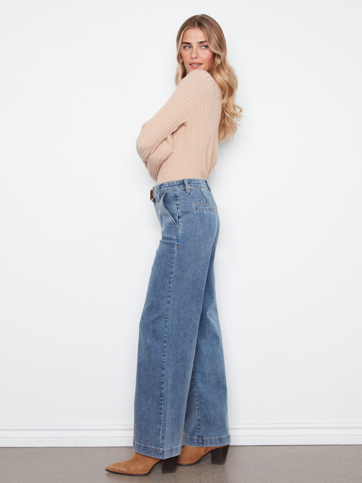 Flare Wide Leg Pants With Attached Belt