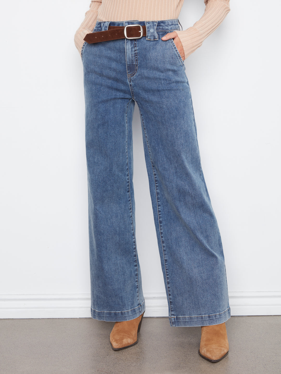 Flare Wide Leg Pants With Attached Belt