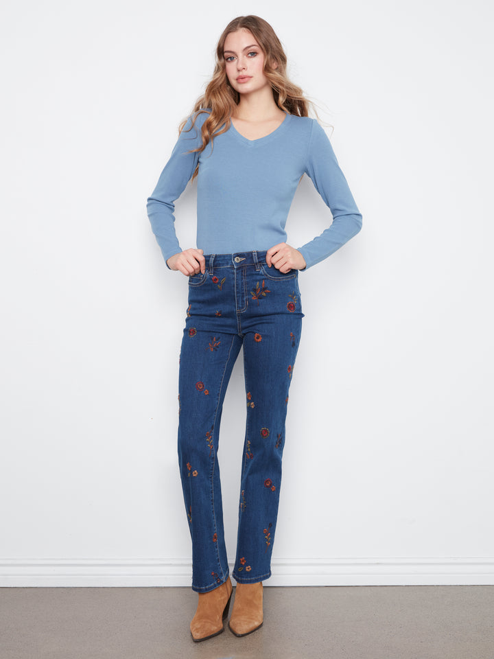 Floral Embroidered Straight Leg Denim Pants
