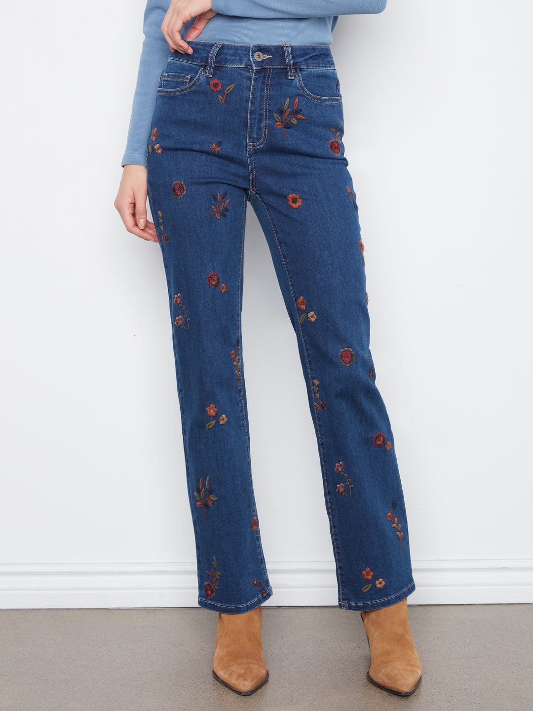 Floral Embroidered Straight Leg Denim Pants