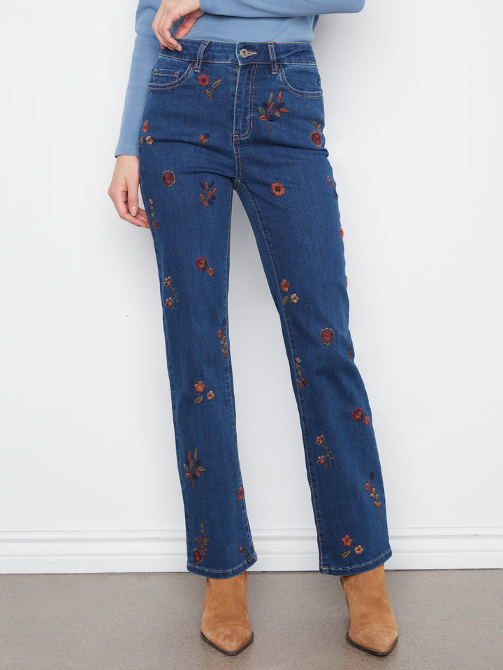 Floral Embroidered Straight Leg Denim Pants