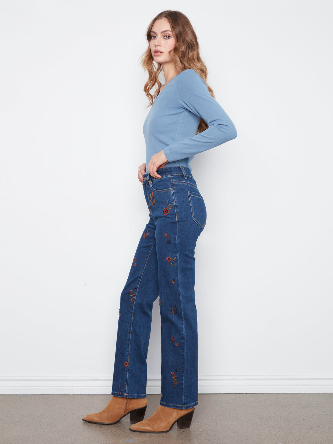 Floral Embroidered Straight Leg Denim Pants