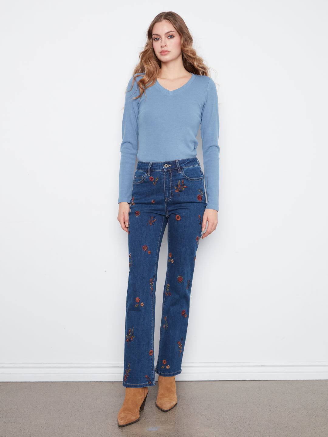 Floral Embroidered Straight Leg Denim Pants