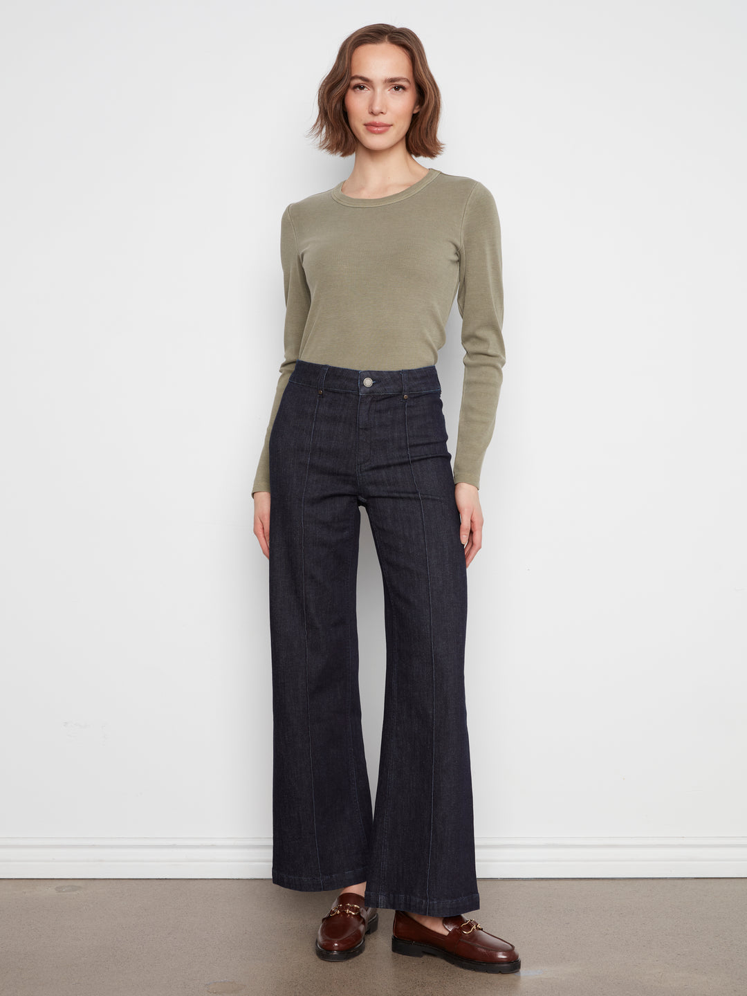 Wide Leg Stretch Denim Pants With Pin Tucks