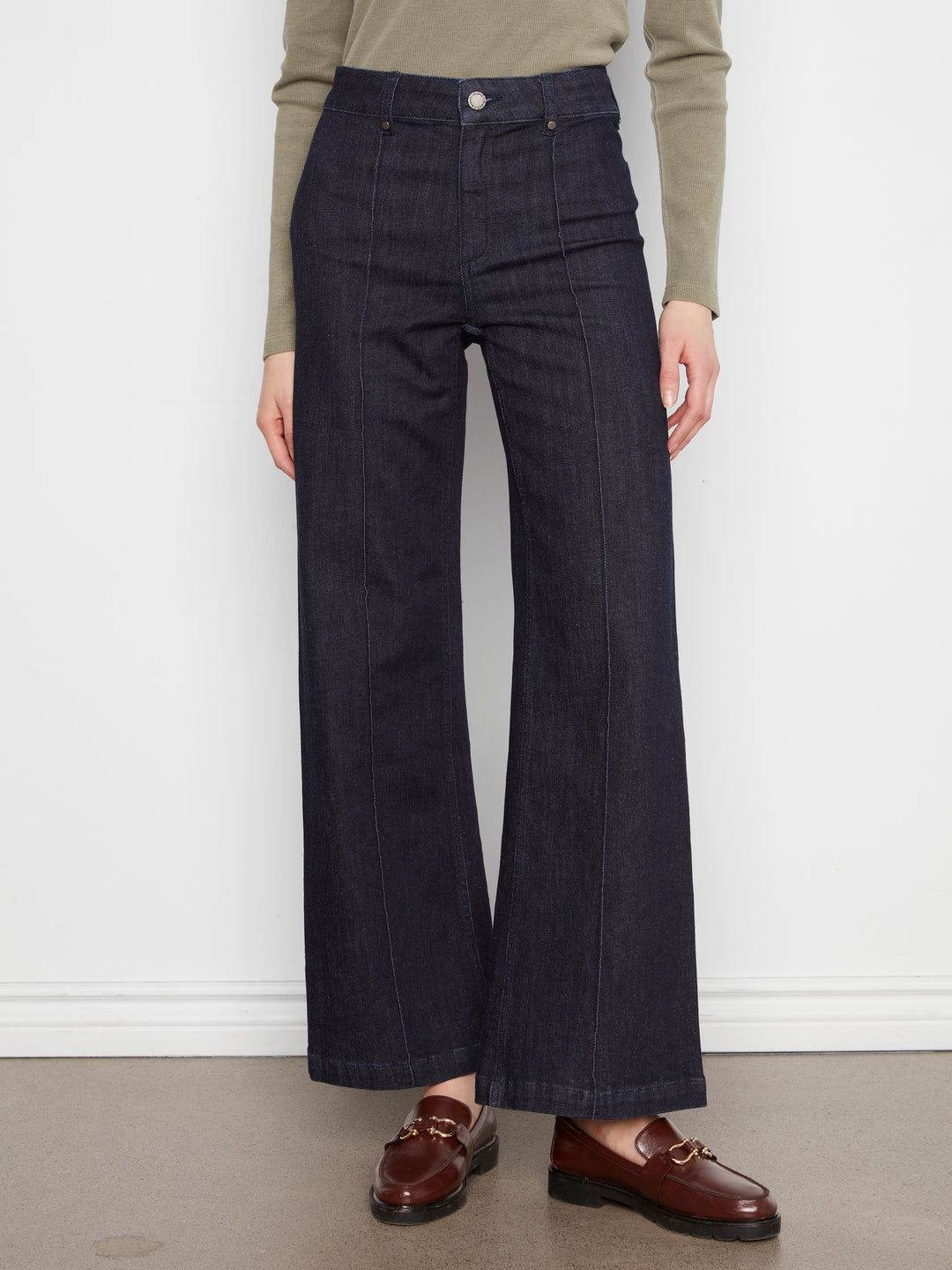 Wide Leg Stretch Denim Pants With Pin Tucks