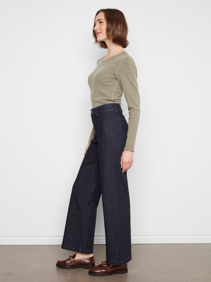 Wide Leg Stretch Denim Pants With Pin Tucks