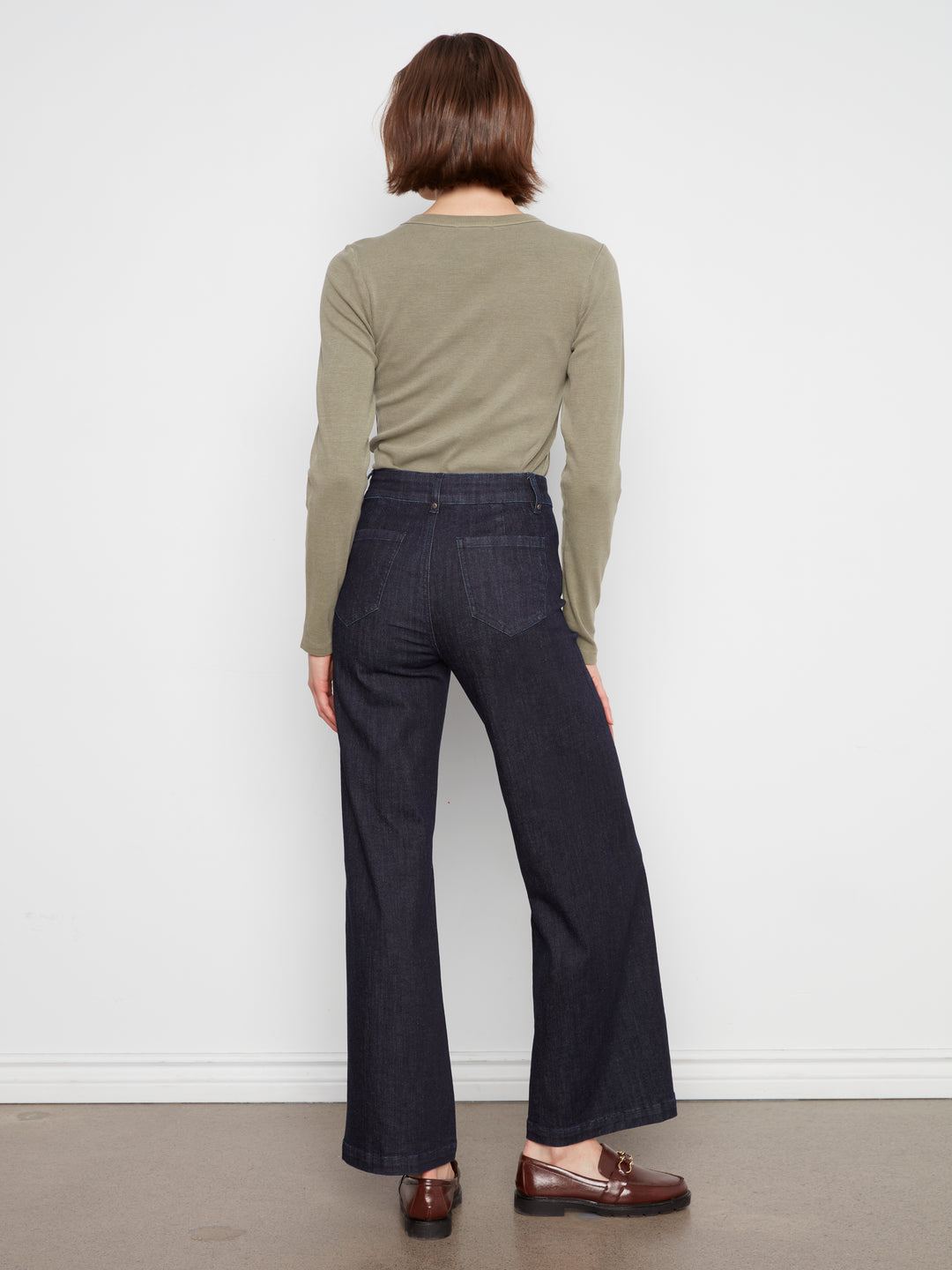 Wide Leg Stretch Denim Pants With Pin Tucks