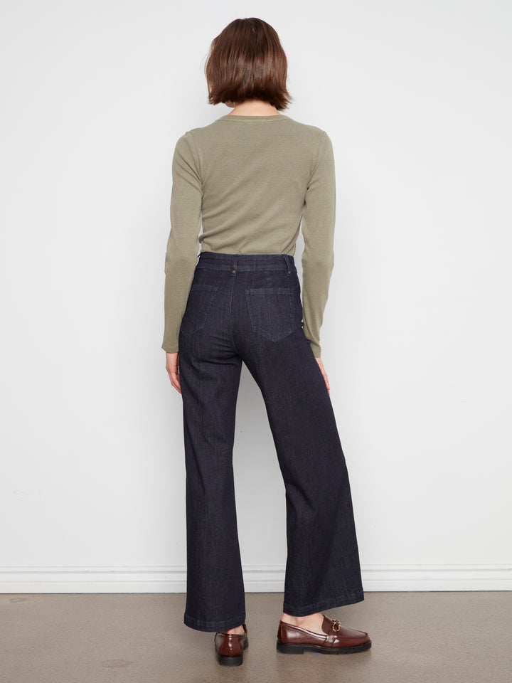 Wide Leg Stretch Denim Pants With Pin Tucks