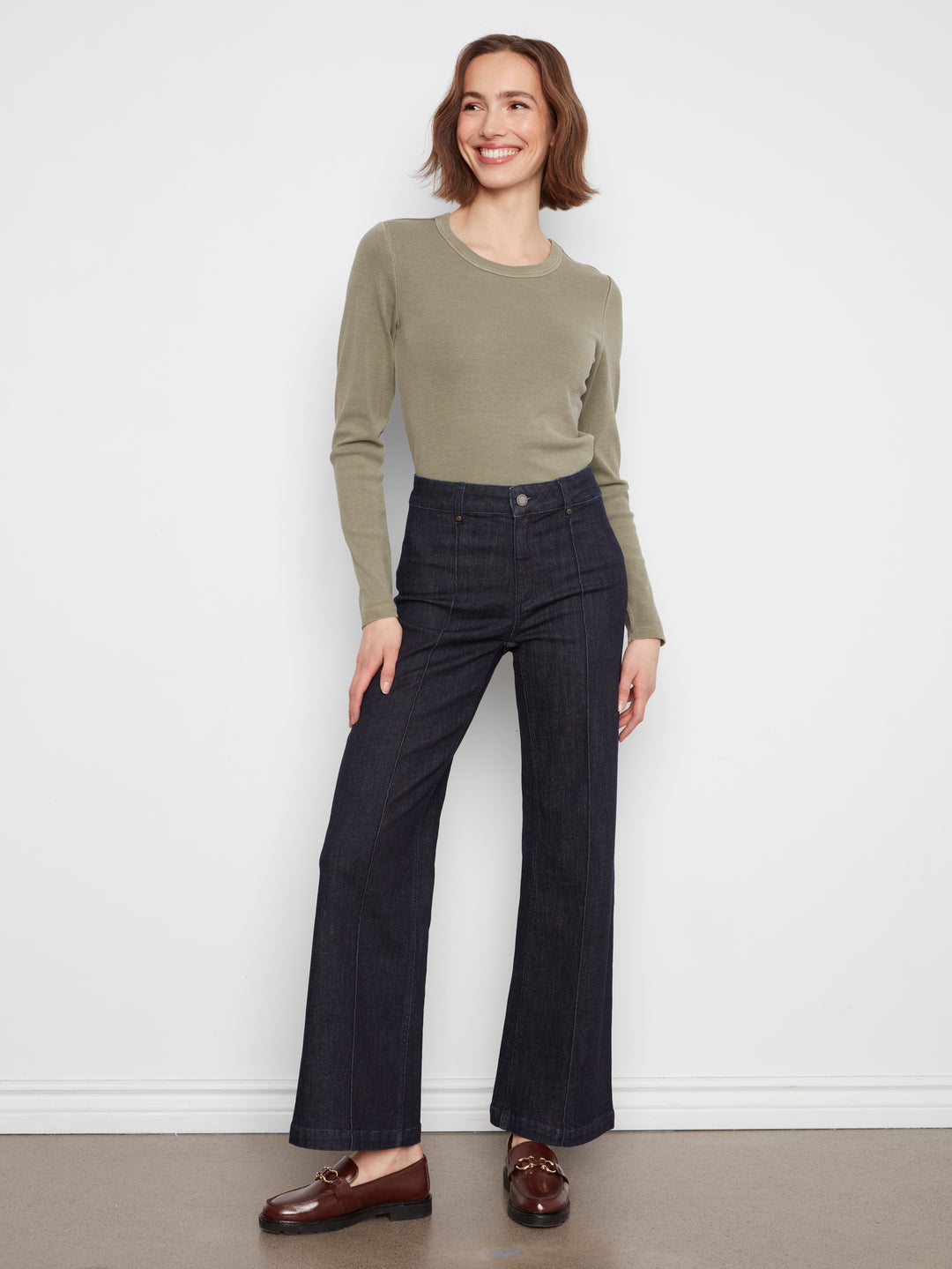 Wide Leg Stretch Denim Pants With Pin Tucks
