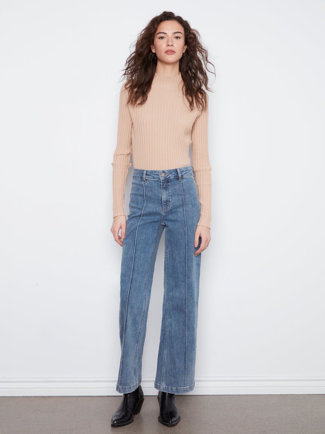Wide Leg Stretch Denim Pants With Pin Tucks