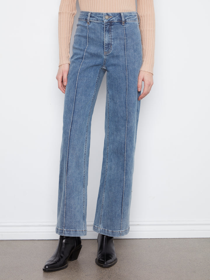 Wide Leg Stretch Denim Pants With Pin Tucks