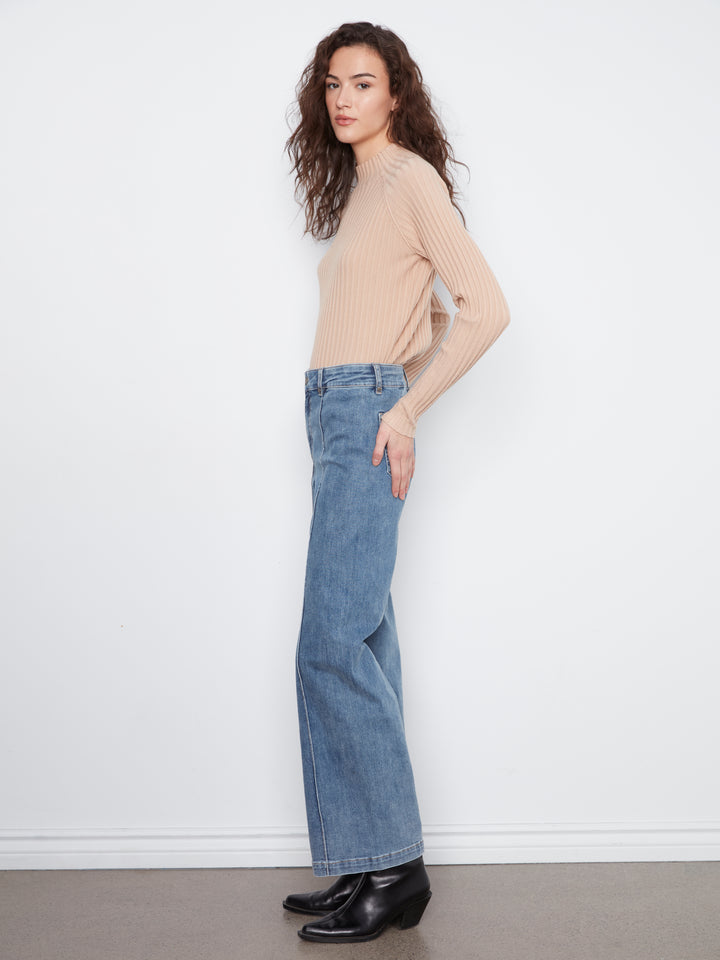 Wide Leg Stretch Denim Pants With Pin Tucks