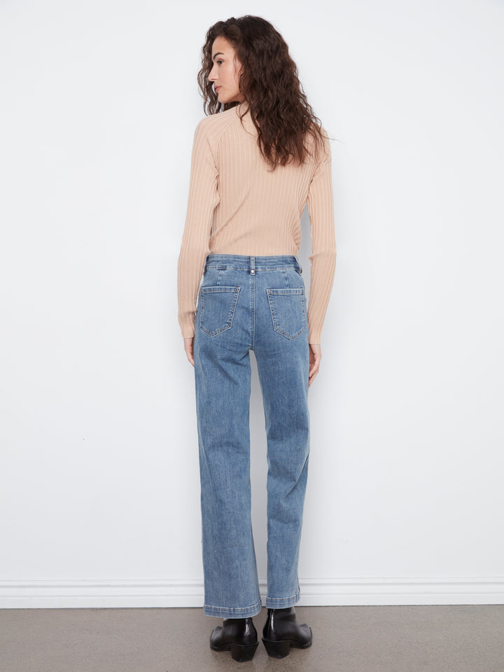Wide Leg Stretch Denim Pants With Pin Tucks