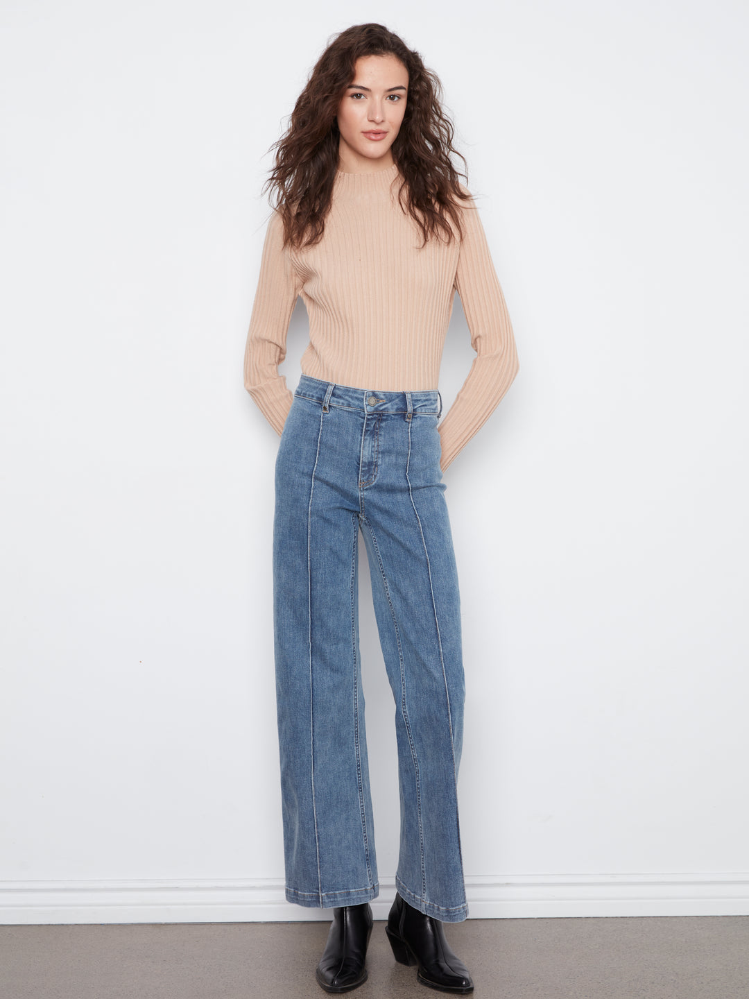 Wide Leg Stretch Denim Pants With Pin Tucks