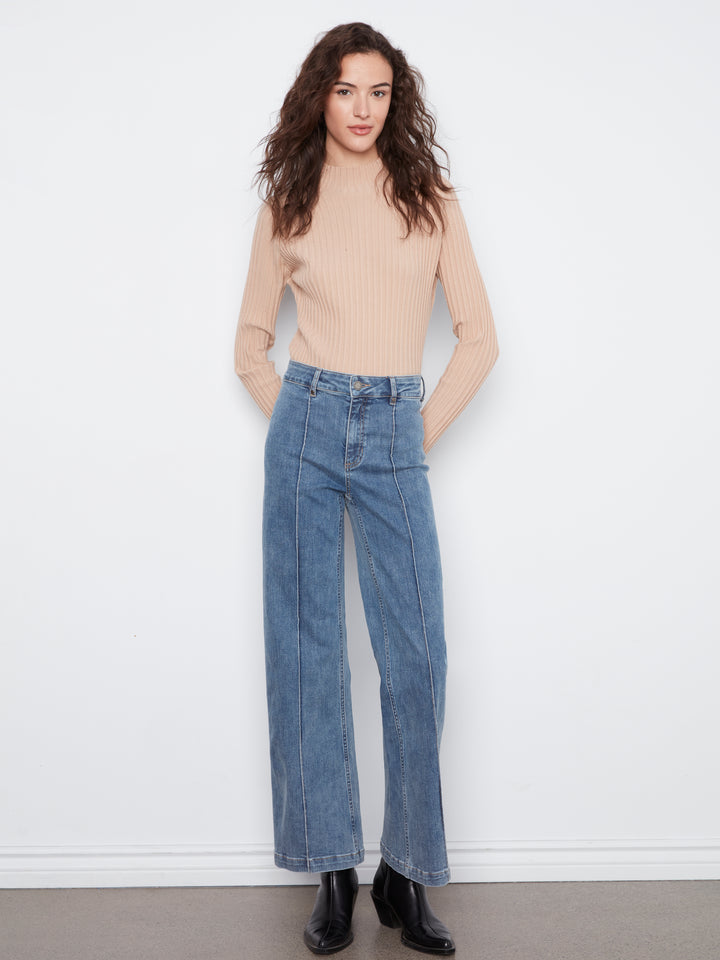 Wide Leg Stretch Denim Pants With Pin Tucks