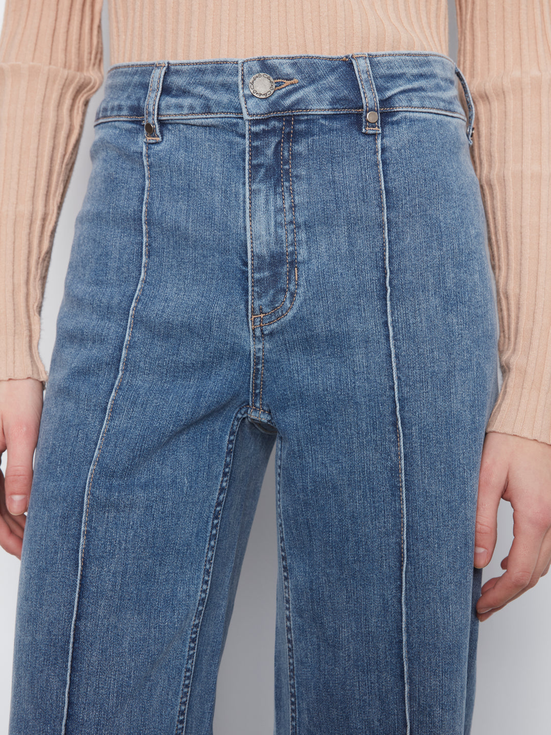 Wide Leg Stretch Denim Pants With Pin Tucks