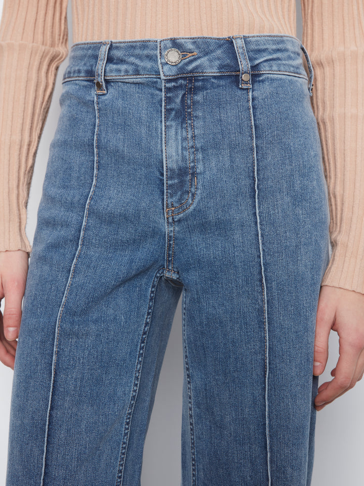 Wide Leg Stretch Denim Pants With Pin Tucks