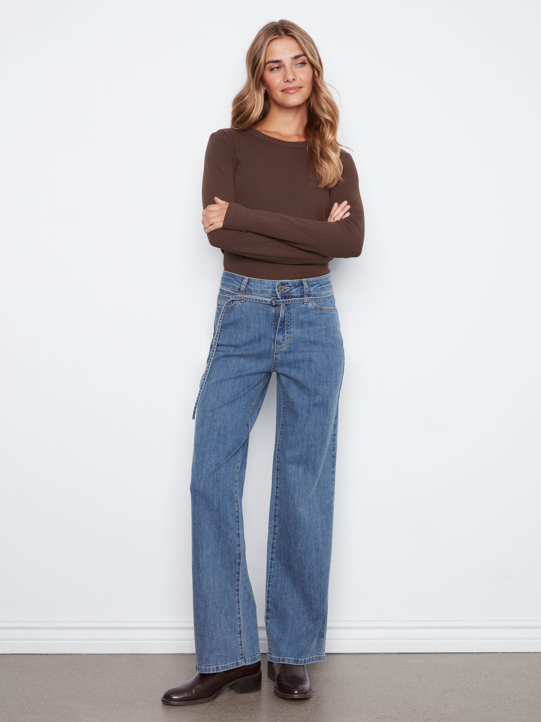 Stretch Denim Wide Leg Belted Pant