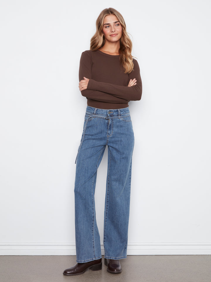 Stretch Denim Wide Leg Belted Pant