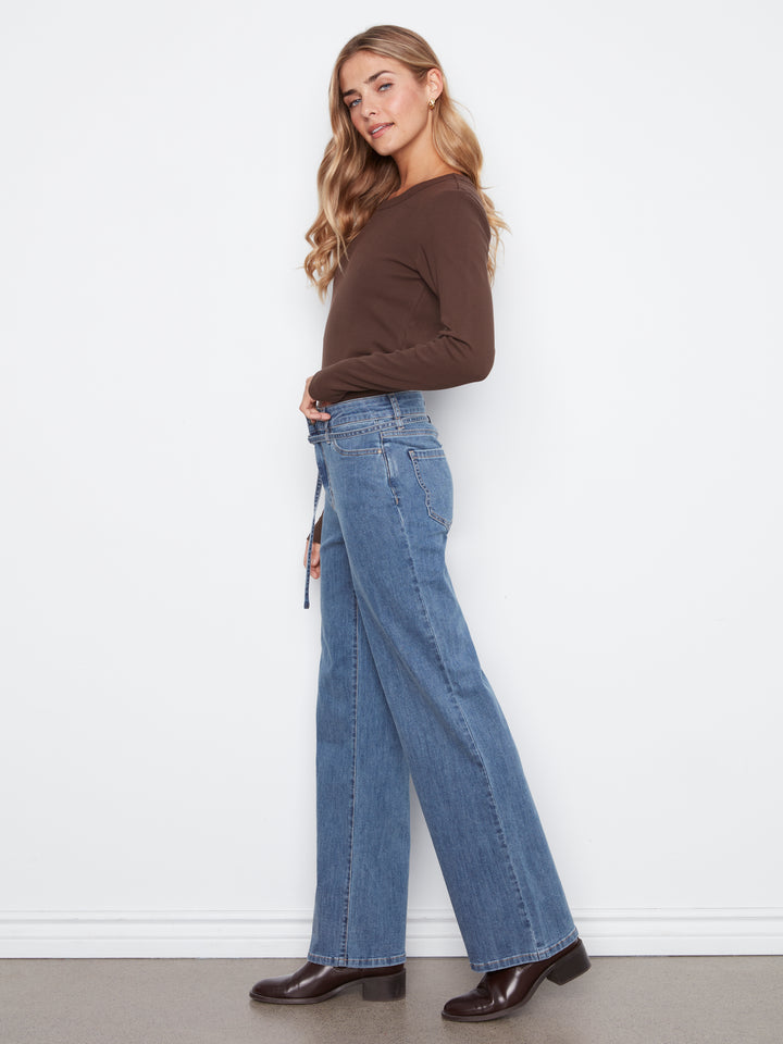 Stretch Denim Wide Leg Belted Pant