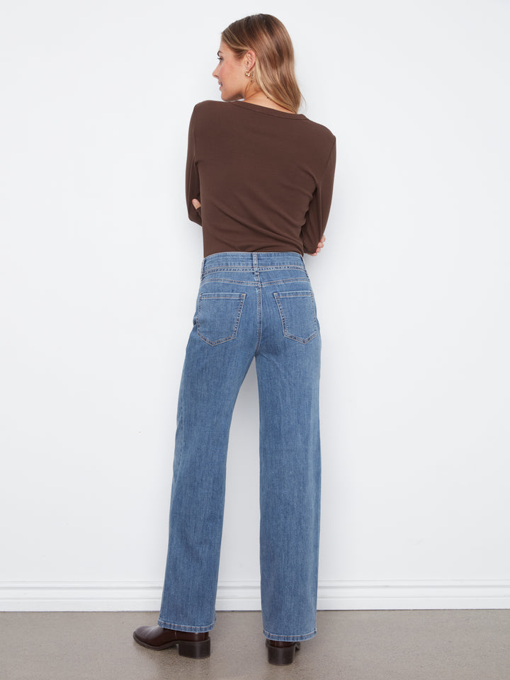 Stretch Denim Wide Leg Belted Pant
