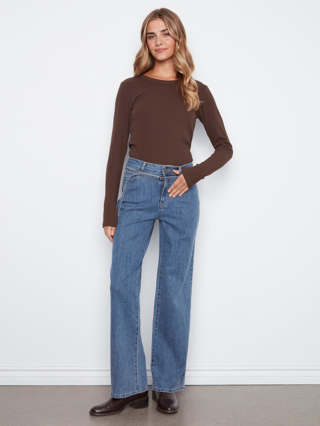 Stretch Denim Wide Leg Belted Pant