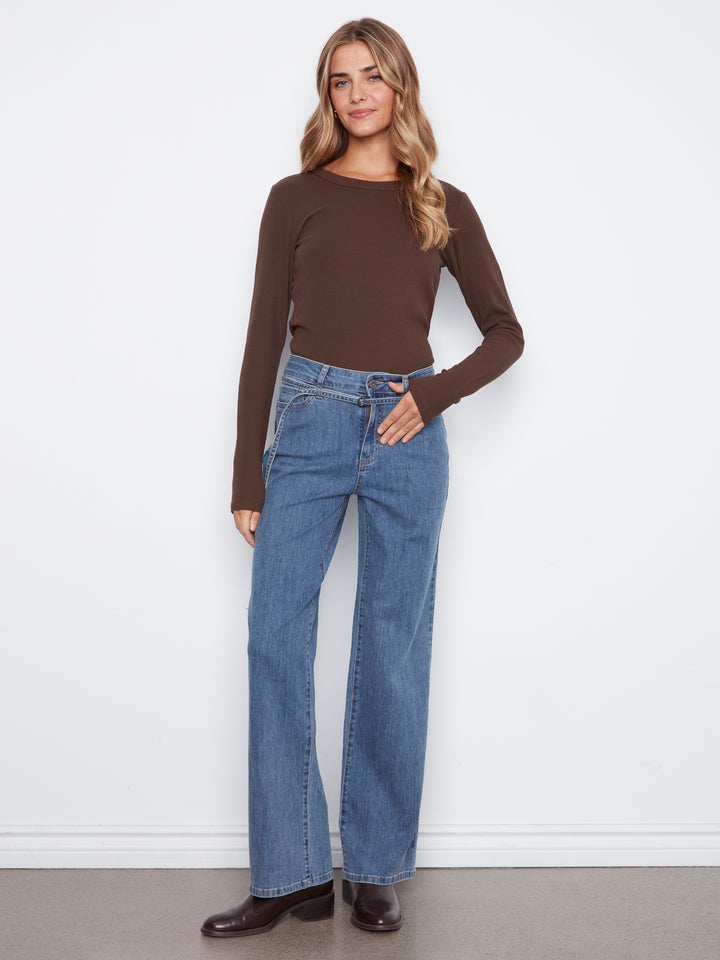 Stretch Denim Wide Leg Belted Pant