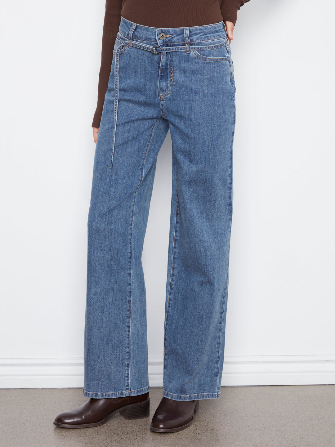 Stretch Denim Wide Leg Belted Pant
