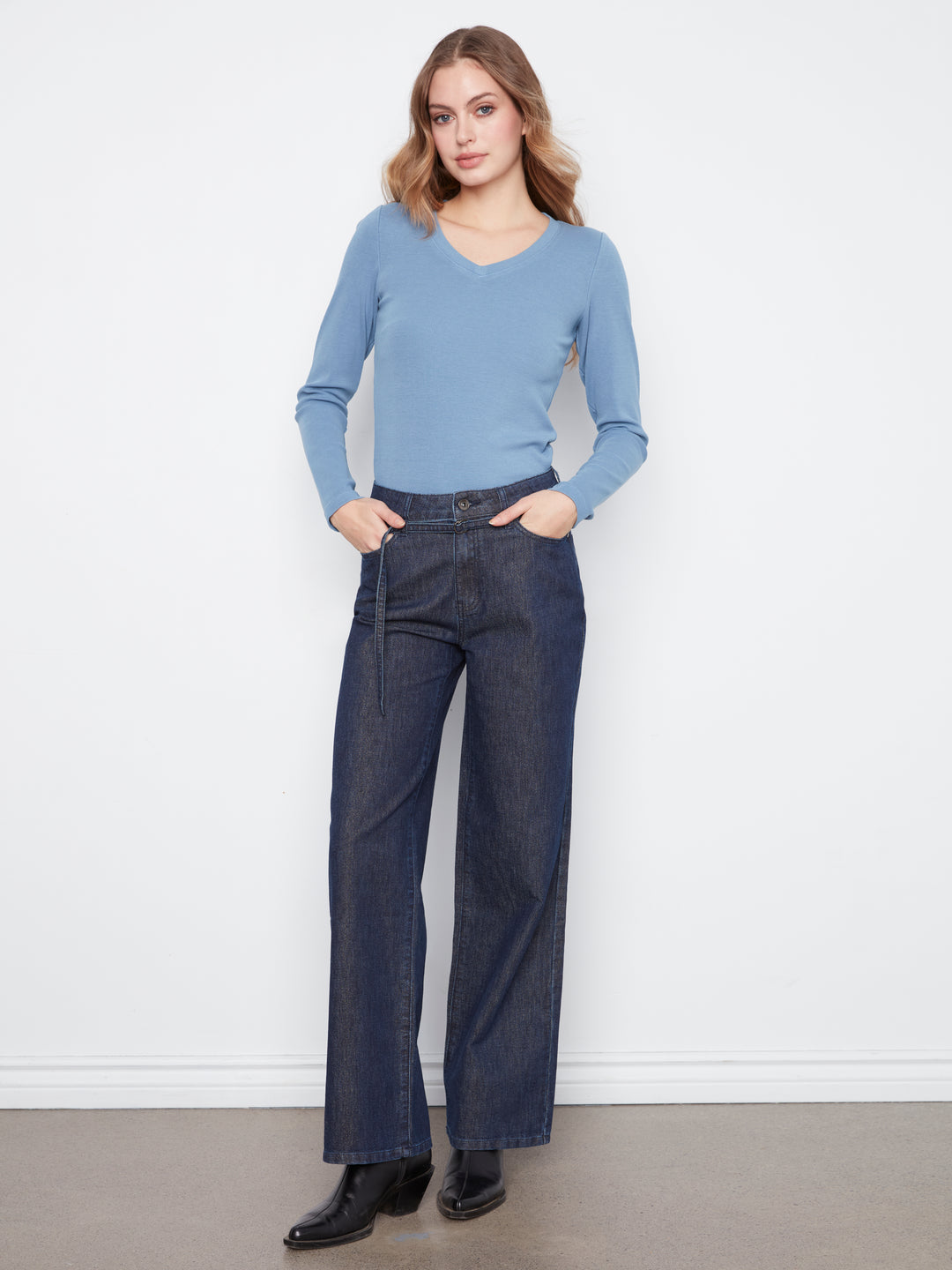 Lurex Denim Wide Leg Belted Pant