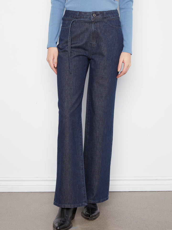 Lurex Denim Wide Leg Belted Pant