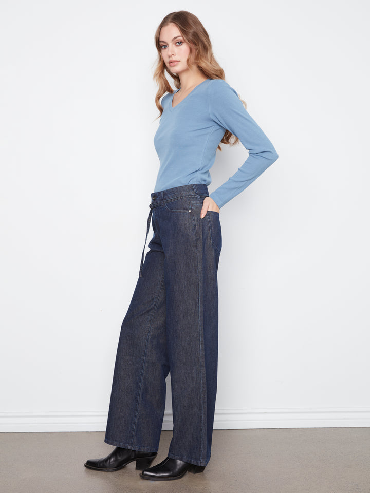 Lurex Denim Wide Leg Belted Pant