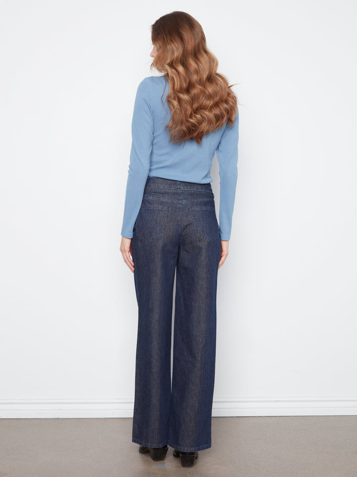 Lurex Denim Wide Leg Belted Pant